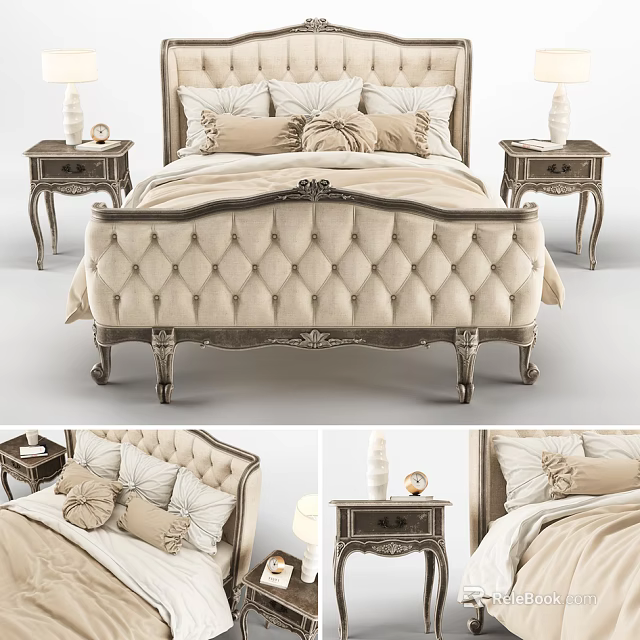 Beige Upholstered Double Bed with Carved Headboard Diamond Tufted Footboard Nightstands and Plush Pillows 3d model 