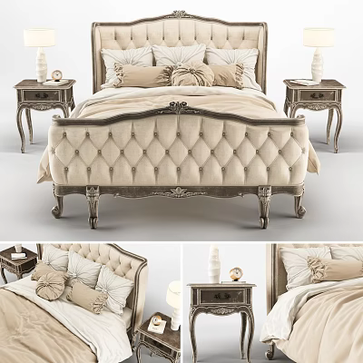 Beige Upholstered Double Bed with Carved Headboard Diamond Tufted Footboard Nightstands and Plush Pillows 3d model