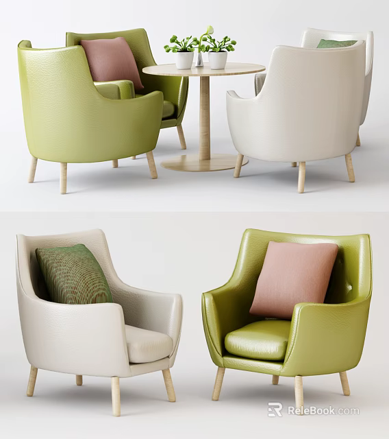 Modern Table and Chairs Set with Green Beige Leather Chairs and Wooden Round Table 3d model 
