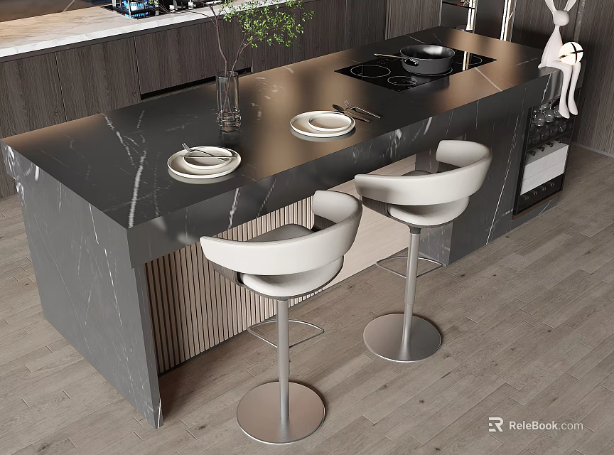 Modern Kitchen Interior Table and Chair Set with Marble Countertop and White Dining Chairs 3d model 