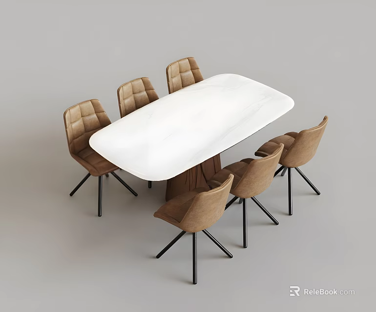 Modern Dining Table Set With White Oval Top And Six Brown Upholstered Chairs 3d model 