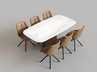 Modern Dining Table Set With White Oval Top And Six Brown Upholstered Chairs 3d model
