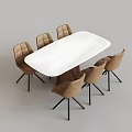 Modern Dining Table Set With White Oval Top And Six Brown Upholstered Chairs