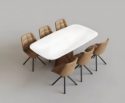 Modern Dining Table Set With White Oval Top And Six Brown Upholstered Chairs 3d model