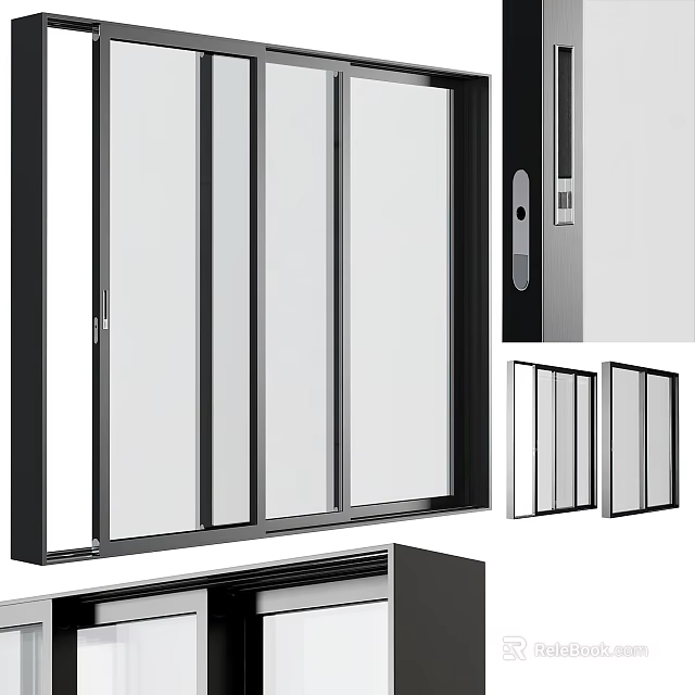 Modern Sliding Floor To Ceiling Windows With Black Frames And Panels 3d model 
