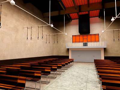 Spacious Hall Interior With Wooden Pews And Fixtures 3d model