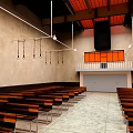 Spacious Hall Interior With Wooden Pews And Fixtures