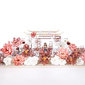 Decorative Scene With Pink White Flowers Archway And Small Figure Model