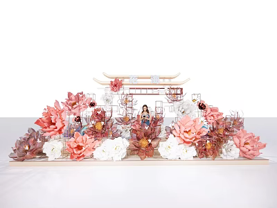 Decorative Scene With Pink White Flowers Archway And Small Figure Model 3d model