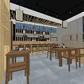 Modern Restaurant Exterior And Interior With Wooden Tables And Indoor Seating