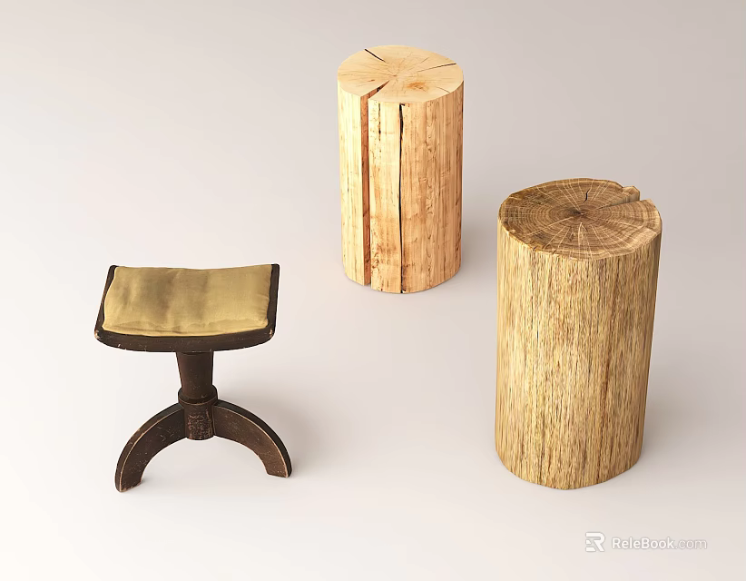 Natural Wooden Stools With Cylindrical Design Tree Ring Texture And Black Curved Base 3d model 