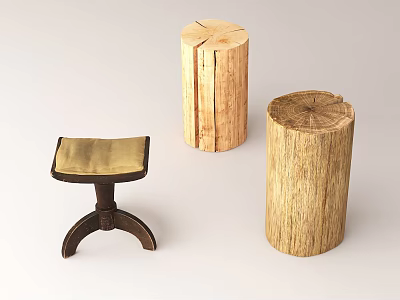 Natural Wooden Stools With Cylindrical Design Tree Ring Texture And Black Curved Base 3d model