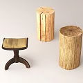 Natural Wooden Stools With Cylindrical Design Tree Ring Texture And Black Curved Base