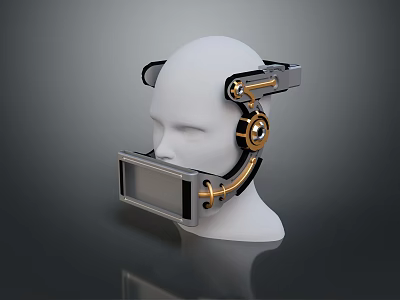Futuristic Tactical Facial Weapon With Metallic Black And Gold Structure On Mannequin Head 3d model