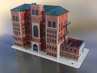 Red Brick Detached Villa Featuring Green Roof Arched Windows Multiple Stories And External Staircase 3d model