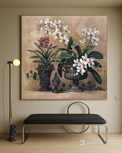 Botanical Painting with White and Pink Orchids in Vintage Vases Green Leaves and Ivy Decor 3d model 
