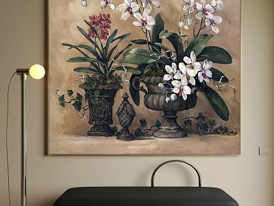Botanical Painting with White and Pink Orchids in Vintage Vases Green Leaves and Ivy Decor 3d model