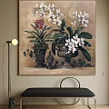 Botanical Painting with White and Pink Orchids in Vintage Vases Green Leaves and Ivy Decor