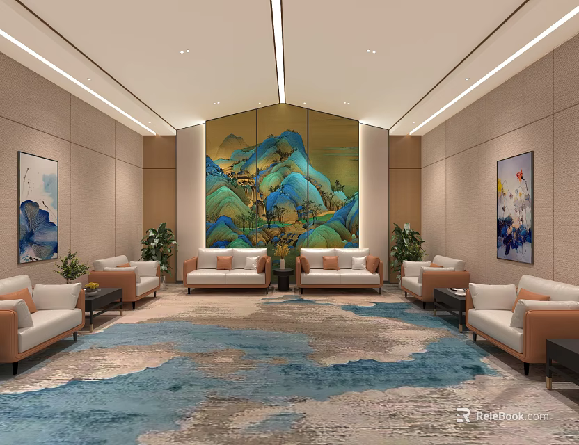 Hotel Public Lounge Area With Comfortable Sofas Large Mural Green Plants And Decorative Paintings 3d model 