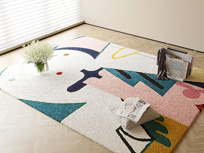 Colorful Geometric Patterns Square Rug on Wooden Floor with Vase and Magazines 3d model