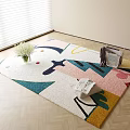 Colorful Geometric Patterns Square Rug on Wooden Floor with Vase and Magazines