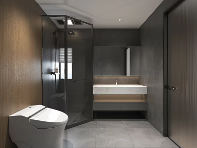 Modern Bathroom Interior Design With Glass Shower Enclosure Toilet Vanity Sink And Grey Tiles 3d model