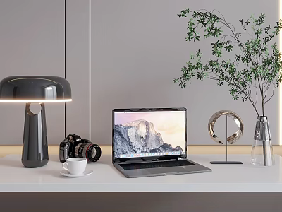 Modern Laptop Workspace With Lamp Camera Coffee Cup And Green Plant 3d model
