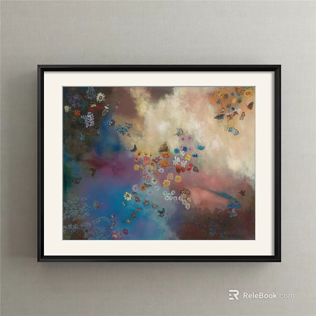 Abstract Painting With Black Frame Featuring Colorful Flowers And Vibrant Background 3d model 