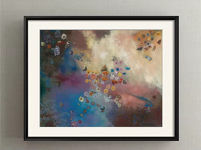 Abstract Painting With Black Frame Featuring Colorful Flowers And Vibrant Background 3d model