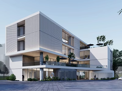 Modern White Multi Storey Building With Glass Balcony And Green Plants At Entrance 3d model