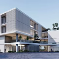 Modern White Multi Storey Building With Glass Balcony And Green Plants At Entrance