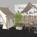 Garden Landscape Featuring Tents String Lights Wooden Fence Plants And Fire Pit