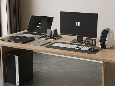 Modern Computer Setup With Laptop Desktop Monitor Keyboard Mouse Speakers Computer Tower On Wooden Desk 3d model