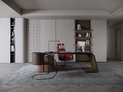 Modern Study Room Interior With Wooden Desk Red Leather Chair Bookshelf And Gray Rug 3d model