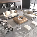 Modern Sofa And Coffee Table Set With Armchairs Stools Bookshelf And Floor Lamp On Rug