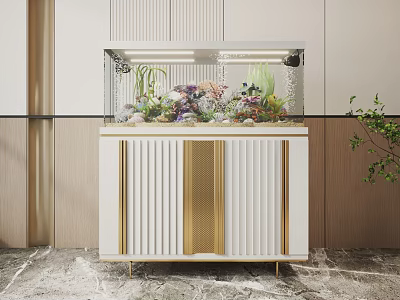 Elegant Modern Aquarium on White Gold Striped Cabinet with Decorative Plants and Home Interior 3d model