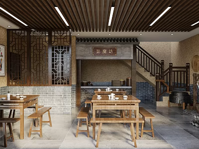 Traditional Chinese Restaurant With Wooden Tables Benches Brick Walls Carved Partitions Staircase And Wooden Ceiling 3d model