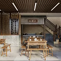 Traditional Chinese Restaurant With Wooden Tables Benches Brick Walls Carved Partitions Staircase And Wooden Ceiling