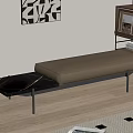 Modern Living Room Bench With Brown Leather Cushion And Black Metal Legs On Wooden Floor