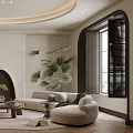 Elegant Modern Living Room Interior With Curved Ceiling Fireplace And Herringbone Floor