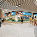 Spacious Shopping Mall Lobby With Wide Corridors Wooden Ceiling Escalators And Pedestrians