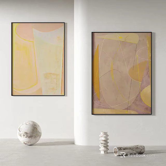 Abstract Paintings With Soft Yellow Pink Tones Geometric Shapes On White Wall 3d model 