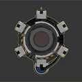 Circular Futuristic Mechanical Platform With Multiple Illuminated Console Units And Metallic Pipes