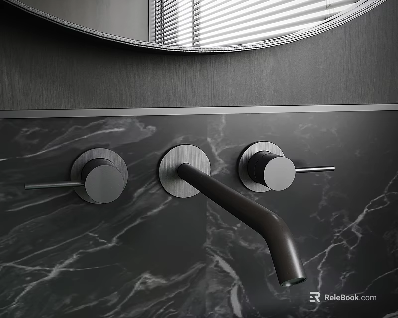 Modern Matte Black Bathroom Faucet With Single Handle Control Knobs And Marble Countertop 3d model 
