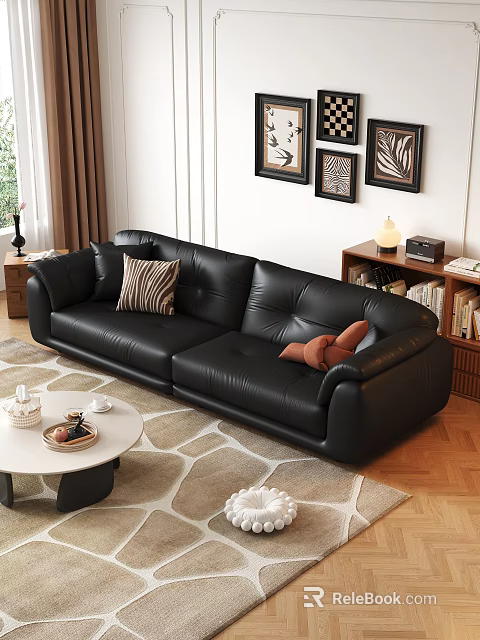 Black Leather Double Sofa With Striped And Brown Pillows In Living Room With Bookshelf And Decorative Paintings 3d model 