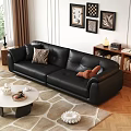 Black Leather Double Sofa With Striped And Brown Pillows In Living Room With Bookshelf And Decorative Paintings