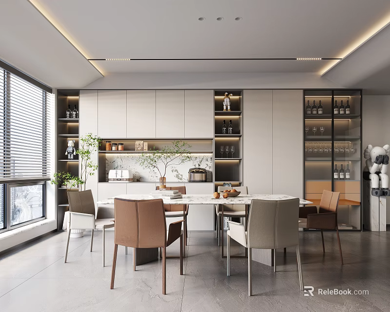 Modern Restaurant With Open Kitchen Dining Table Chairs Cabinets Plants Near Windows 3d model