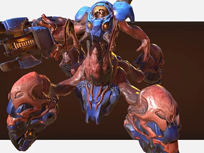 Powerful Sci Fi Biomechanical Creature Character With Blue Red Armor And Multiple Limbs 3d model