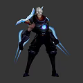 Futuristic Warrior Character With White Hair Glowing Core Black Outfit And Blue Energy Weapons