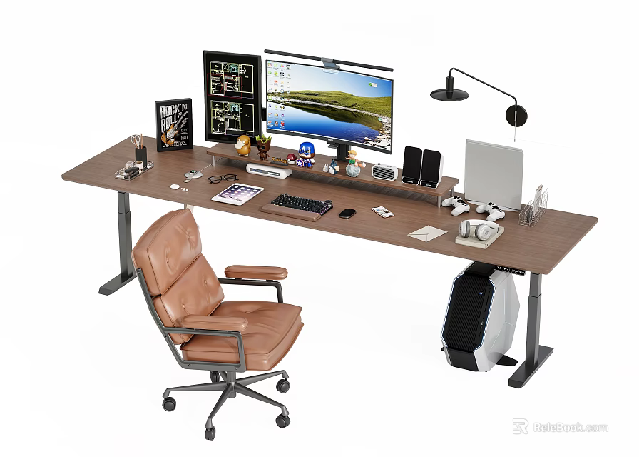 Office Desk Setup With Dual Monitors Laptop Office Chair And Desk Lamp 3d model 